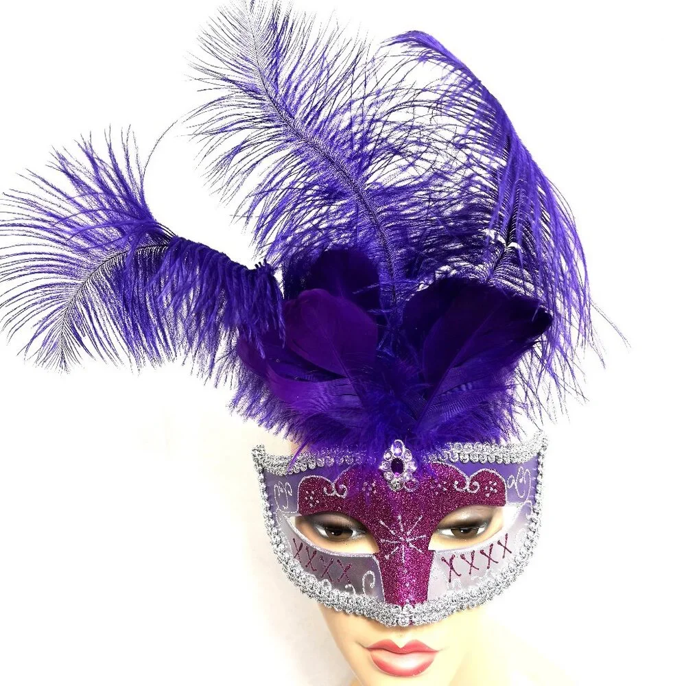 Mardi Gras Style Purple Silver Mask with Purple Ostrich Feathers EUC
